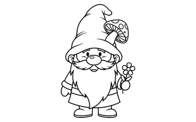 Fototapeta premium Whimsical gnome coloring page with flower and mushroom hat