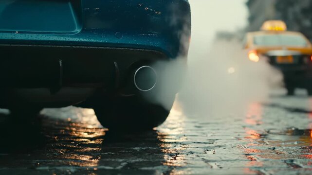 Car sits on wet street at night. Rain casts reflections on puddle and asphalt. Exhaust emits vapor near taillight glow. Taxi passes blurred with headlights. Urban city mood on rain soaked pavement.