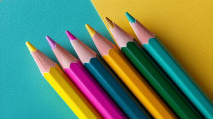 Colorful pencils lined up in vibrant shades on textured backgrounds of blue and yellow. Perfect for art projects, education tools, and creative design industries
