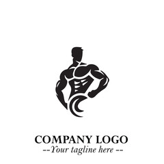 Man With Muscle Logo Symbol in Black on White Background for Strong Bold Fitness Branding Design Art