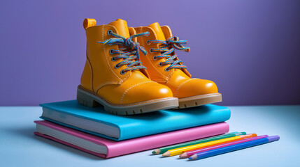Bright yellow boots positioned on stacked colorful books with vibrant pencils nearby. Clean blue surface adds a playful touch. Concept of education, fashion, children's products