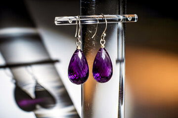 Elegant Purple Teardrop Earrings Displayed On A Glass Stand In Studio Lighting