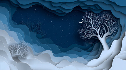 Abstract paper cut art background with a night sky, clouds, and tree branches on a white wavy wall in the center of the composition