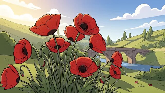 Vibrant Poppy Field with Scenic Bridge and Rolling Hills.