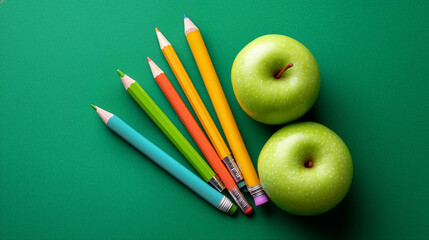 Colorful pencils arranged beside fresh green apples on vibrant green background. Bright setting reflects creativity and learning. Concept of education, school supplies, teaching tools