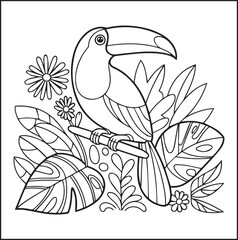Naklejka premium Cute adorable toucan coloring page for kids, tropical bird black line art vector illustration doodle