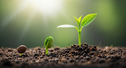 Witness the amazing plant life cycle, from a humble seed to a vibrant green sprout, thriving in rich soil under hopeful natural sunlight