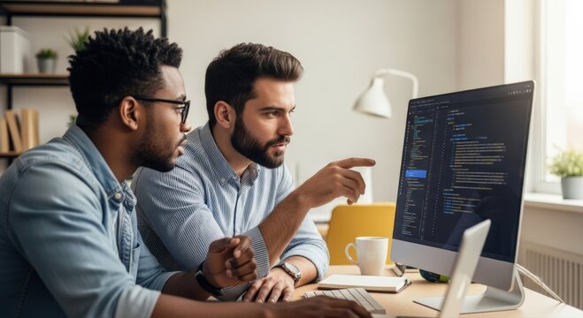 Diverse young developers deeply focused, discussing intricate programming code on a monitor, showcasing collaborative innovation and problem-solving in a bright tech office