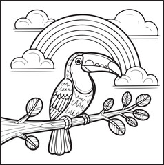Naklejka premium Cute adorable toucan coloring page for kids, tropical bird black line art vector illustration doodle