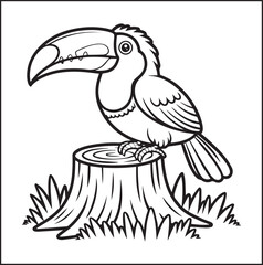 Naklejka premium Cute adorable toucan coloring page for kids, tropical bird black line art vector illustration doodle