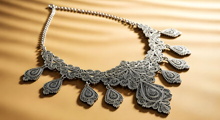 Elegant Silver Ornate Necklace With Intricate Filigree Pendant And Dangle Drops