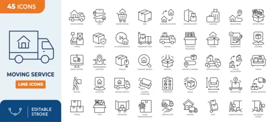 Gordijnen Gekleurd Glas Moving Service line editable icon set. Contain icons relaed to Moving house services, packing, loaders, office moving, freight transportation, and more.  Editable stroke. Vector illustration  © Cetacons