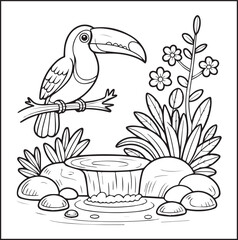 Naklejka premium Cute adorable toucan coloring page for kids, tropical bird black line art vector illustration doodle