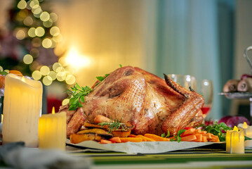 Turkey dinner Thanksgiving food. Man carry Christmas turkey food dinner Serve on table. Baked turkey chicken garnished with family Christmas tree and burning candles . Roasted turkey table setting