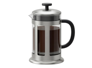 French press coffee maker with dark coffee isolated PNG, stainless steel and glass coffee brewing equipment on transparent background