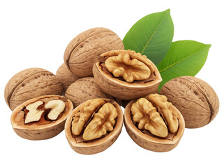 Pile of walnuts PNG isolated on transparent background, healthy snack with green leaves for food and nutrition concepts