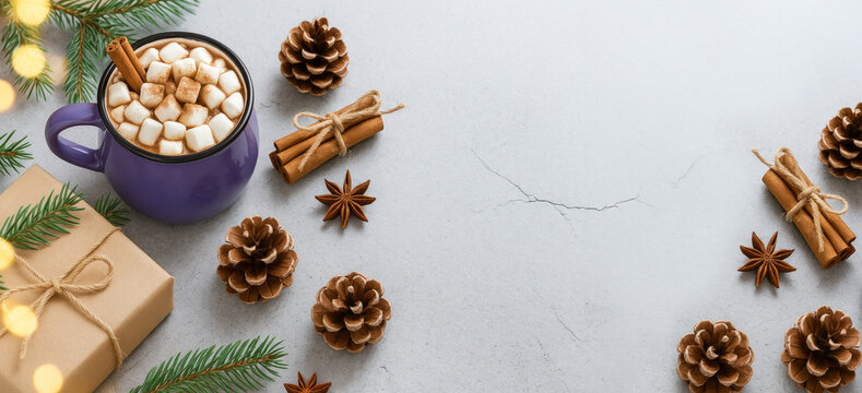 Cozy Christmas Flat Lay with Hot Cocoa, Cinnamon, and Pinecones - Powered by Adobe