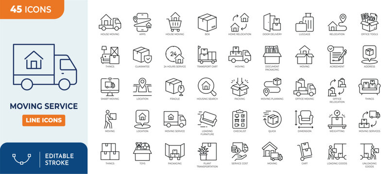 Moving Service line editable icon set. Contain icons relaed to Moving house services, packing, loaders, office moving, freight transportation, and more.  Editable stroke. Vector illustration