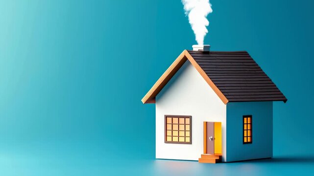 Cozy small house model and cozy house miniature home teal and blue background with warm window light, chimney smoke, wooden roof, simple design