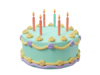 Colorful birthday cake with candles isolated PNG, festive dessert for celebration on transparent background
