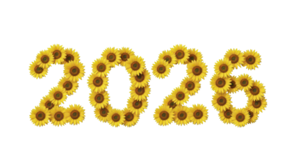 A vibrant and optimistic graphic for the year 2026, artfully composed from cheerful sunflowers, symbolizing growth, renewal, and a bright future ahead