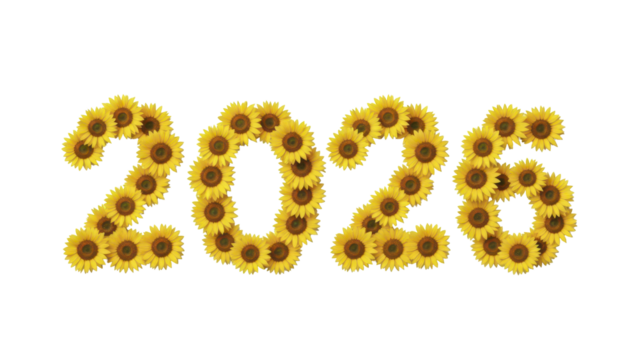 A vibrant and optimistic graphic for the year 2026, artfully composed from cheerful sunflowers, symbolizing growth, renewal, and a bright future ahead