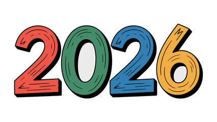 2026 Typography: A vibrant, hand-drawn illustration featuring the bold numbers '2026', rendered in a spectrum of vivid colors against an unspecified background, signifying a pivotal year.