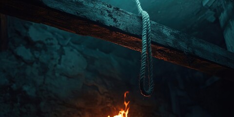 A dimly lit room with a rope hanging from a wooden beam and a fire burning beneath it creates a spooky mood.