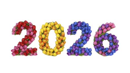 The year 2026 made from a vibrant bouquet of colorful tulip flowers, representing the new year, springtime, and fresh beginnings on a white background