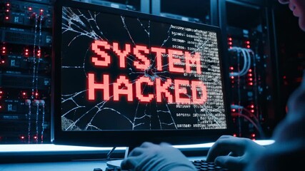 Hacker types on compromised computer. System hacked warning fills monitor. Server rack looms behind operator. Cybersecurity breach and attack unfold. Scene conveys cyber threat to data and malware. - Powered by Adobe