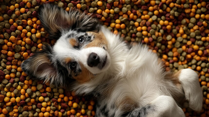 Happy dog lying amidst vibrant kibble on a cozy floor. Domestic environment, playful atmosphere with rich colors. Concept of pet care, animal welfare, dog grooming