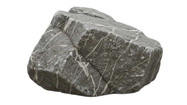 Gray rock with white quartz veins showcasing geological formations and textures for earth science education and natural stone design inspiration on transparent background