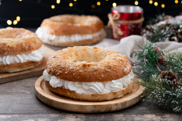 Traditional Spanish Roscon de Reyes with christmas decoration