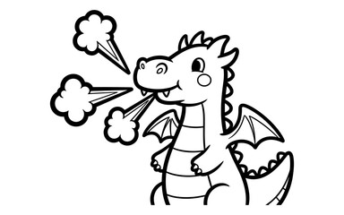 Friendly dragon breathing fire in playful black and white cartoon style