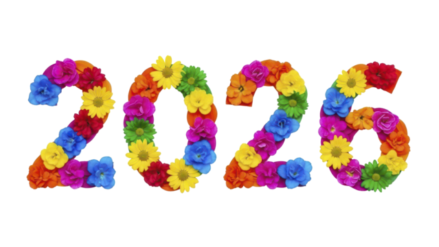 2026 Floral Typography Colorful Blossoms Forming the Year on a White Background