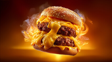 Juicy double cheeseburger stacked high with melted cheese and grilled patties. Set against a fiery background, this image embodies the essence of fast food