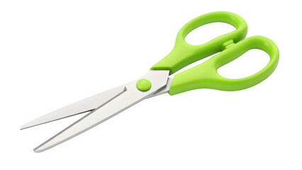 Green handled scissors with stainless steel blades on a transparent background