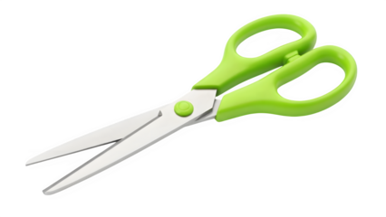 Green handled scissors with stainless steel blades on a transparent background