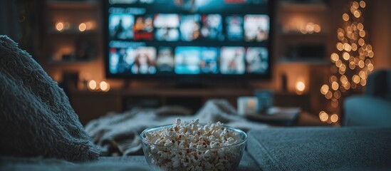 Cozy Evening Movie Night with Popcorn and Christmas Tree Lights.