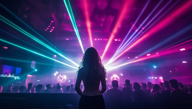 A Silhouette of a Woman Dancing in a Nightclub with Colorful Laser Lights and Vibrant Energy