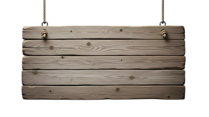 Rustic wooden sign hanging from ropes on a changeable background for text