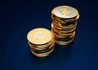 euro and dollar coins on black background