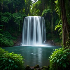 Obraz premium Majestic Jungle Waterfall With Crystal Clear Pool and Lush Green Forest