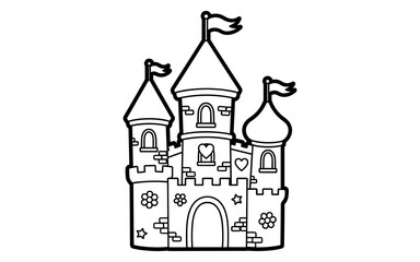 Naklejka premium Charming linear castle drawing with towers and flags for kids' art projects