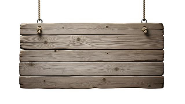 Rustic wooden sign hanging from ropes on a changeable background for text