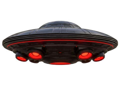 Black UFO with Red Lights isolated PNG on Transparent Background, science fiction spaceship for space exploration and alien invasion concepts