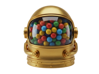 Golden astronaut helmet full of colorful gumballs PNG isolated on transparent background, retro space candy dispenser for kids