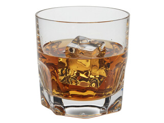 Whiskey in a glass with ice cube isolated PNG, amber liquor on transparent background for bar and...