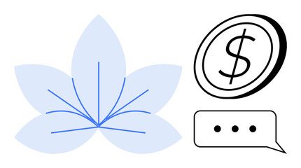 Lotus flower with blue lines represents growth and clarity, paired with a dollar coin and chat bubble symbolizing financial communication. Ideal for economics, finance, business, success