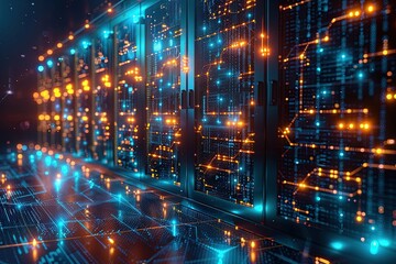 Obraz premium A modern data center illuminated with vibrant blue and orange lights, representing cutting-edge technology, digital connectivity, and advanced computing.